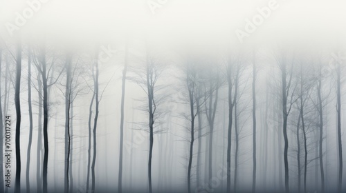  a black and white photo of a foggy forest with trees in the foreground and a bench in the foreground.