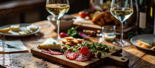 White wine, appetizers, and a wooden board on table.