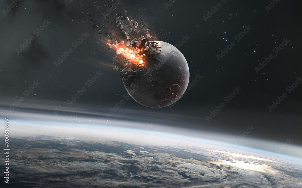 3D illustration of Moon exploding. High quality digital space art in 5K - realistic visualization