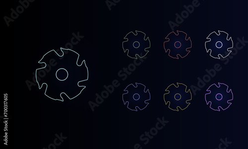 A set of neon milling disc symbols. Set of different color symbols, faint neon glow. Vector illustration on black background