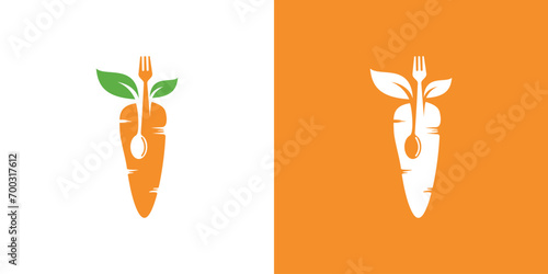 carrot logo design and cooking icon, combination of fork and spoon carrot design in design. healthy food logo design for vegetarians. vegan logo