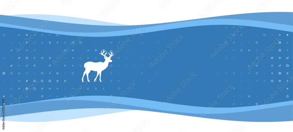 Blue wavy banner with a white deer symbol on the left. On the background there are small white shapes, some are highlighted in red. There is an empty space for text on the right side