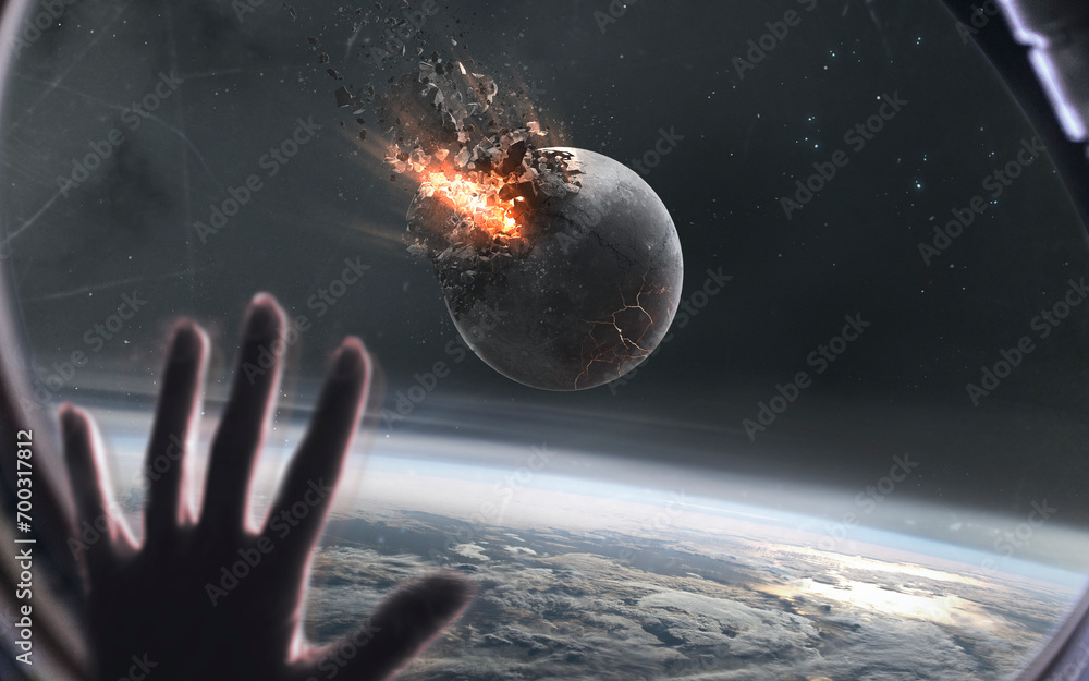 3D illustration of Moon exploding. High quality digital space art in 5K - realistic visualization