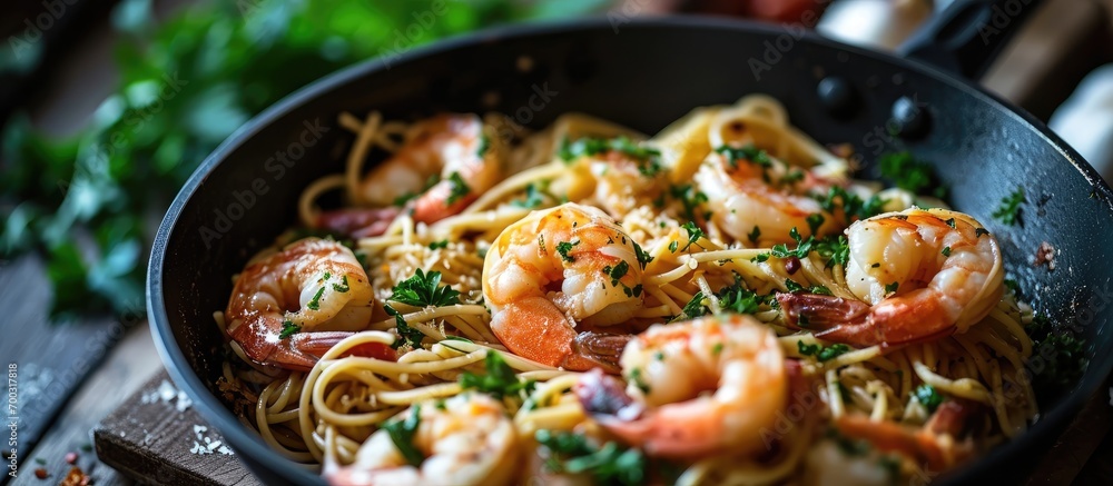 Cooking pan with Mediterranean seafood spaghetti, emphasizing shrimps, parsley, and garlic. Cooking pan with Mediterranean seafood spaghetti, emphasizing shrimps, parsley, and garlic.