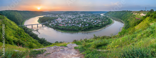 Panoramic view on Zalishchyky town and the Dniester river meander and canyon. National Natural Park Dniester Canyon, Ukraine photo