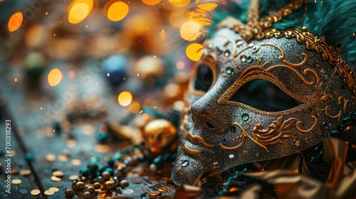 Top view of Mardi Gras carnival mask with feathers and beads decoration © netrun78