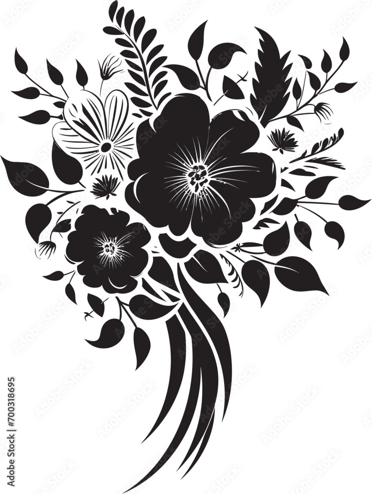 Fototapeta premium Ethereal Posy Harmony Black Vector Symbol Bridal Bouquet Unity Monochrome Box Emblem