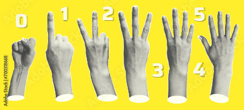 Set halftone statue hands showing gestures counting from zero to five isolated yellow background Trendy creative collage elements Cut magazine style. Contemporary art Modern design Vector illustration