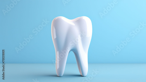 A solitary pristine white tooth stands against a soft blue background, symbolizing dental health and hygiene.