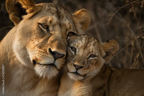 A lioness and her adorable cub snuggle together in a heartwarming moment. Generative AI