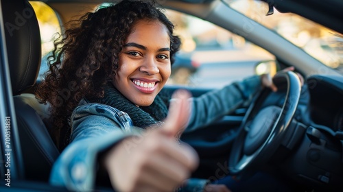 Beautiful young latin woman driving her brand new car and showing her thumb up