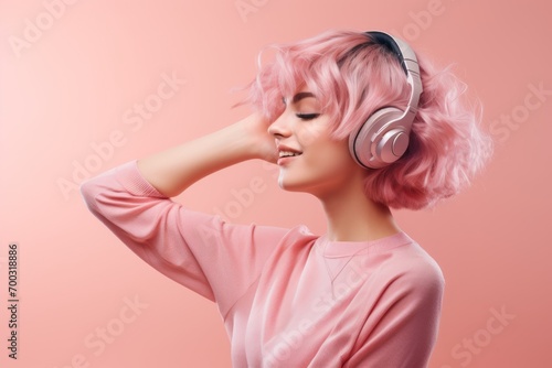 Woman with pink hair and pink sweater listens to music on her headphones
