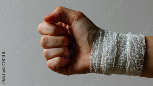 A hand wrapped in a white bandage indicates a minor injury and the basic medical care provided for wound protection. photo