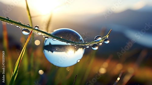  a drop of water on a blade of grass with the sun in the back ground and mountains in the background. photo