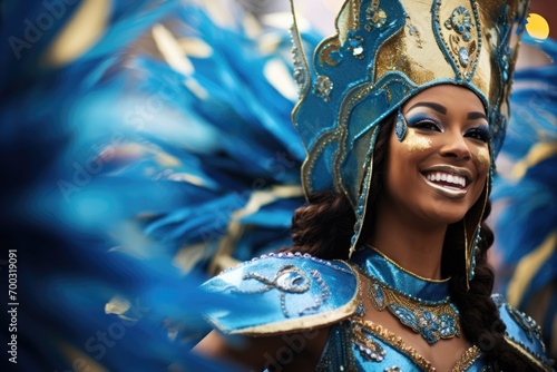 Latin woman, samba dancer dancing on the streets during carnival photo