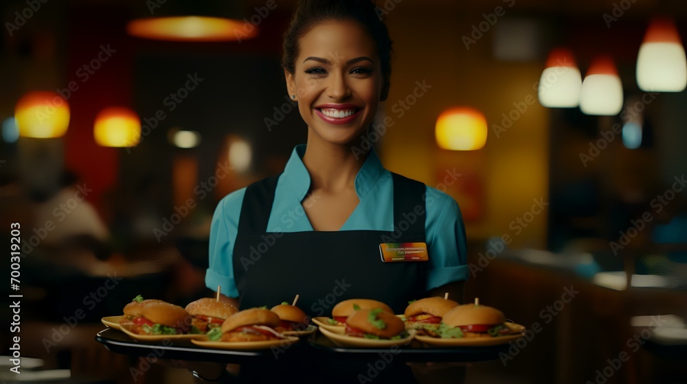 Happy Caucasian Waitress Holding Burgers at Restaurant