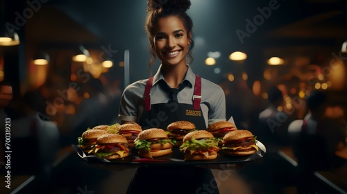 Happy Caucasian Waitress Holding Burgers at Restaurant