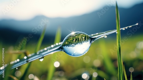  a close up of a drop of water on a blade of grass in a field of grass with mountains in the background.