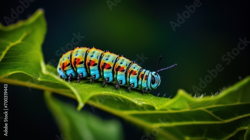  a close up of a colorful caterpillar on a green leaf with other caterpillars in the background. © Olga