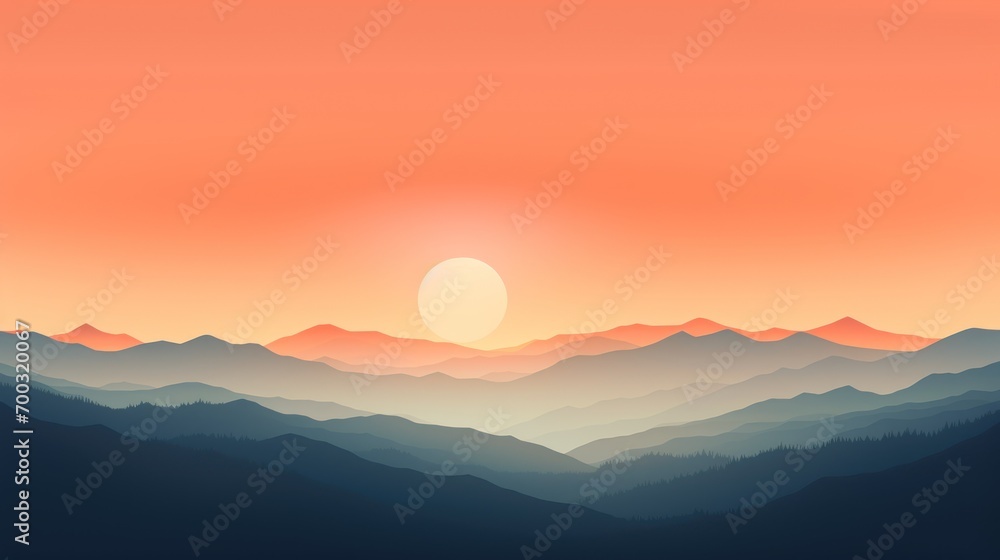  a sunset view of a mountain range with the sun rising over the mountains and the trees in the foreground.