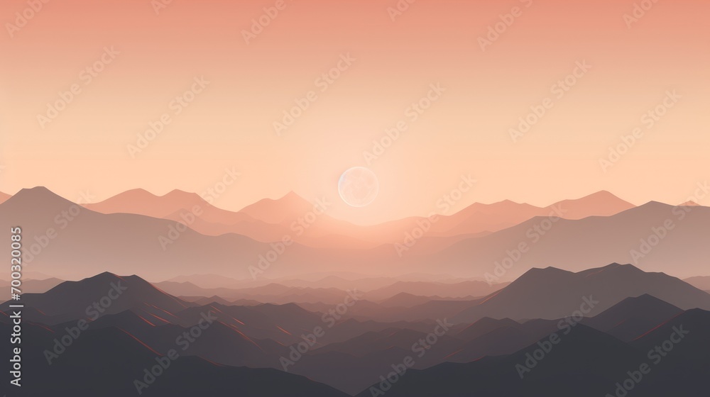  a view of a mountain range with the sun setting in the distance and a distant object in the foreground.