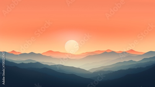 a sunset view of a mountain range with the sun rising over the mountains and the trees in the foreground. © Olga