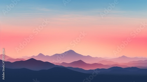 a pink and blue sky with a mountain range in the foreground and a pink and blue sky in the background. © Olga