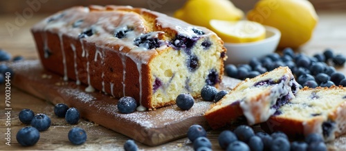 Sugar-glazed lemon blueberry loaf-cake.