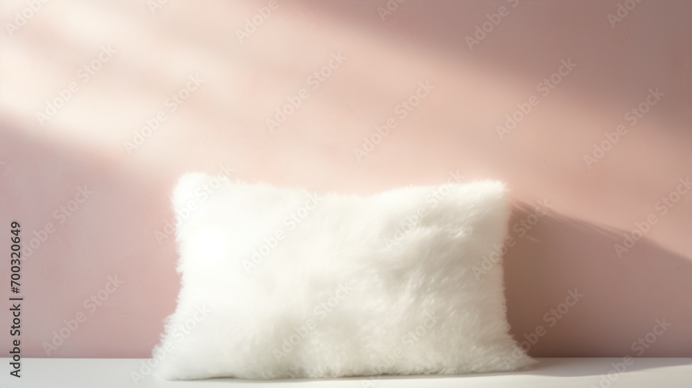 a white fluffy pillow sitting on top of a white table next to a pink wall with a shadow on it. a white fluffy pillow sitting on top of a white table next to a pink wall with a shadow on it.