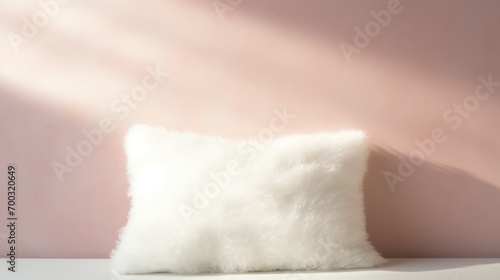  a white fluffy pillow sitting on top of a white table next to a pink wall with a shadow on it.