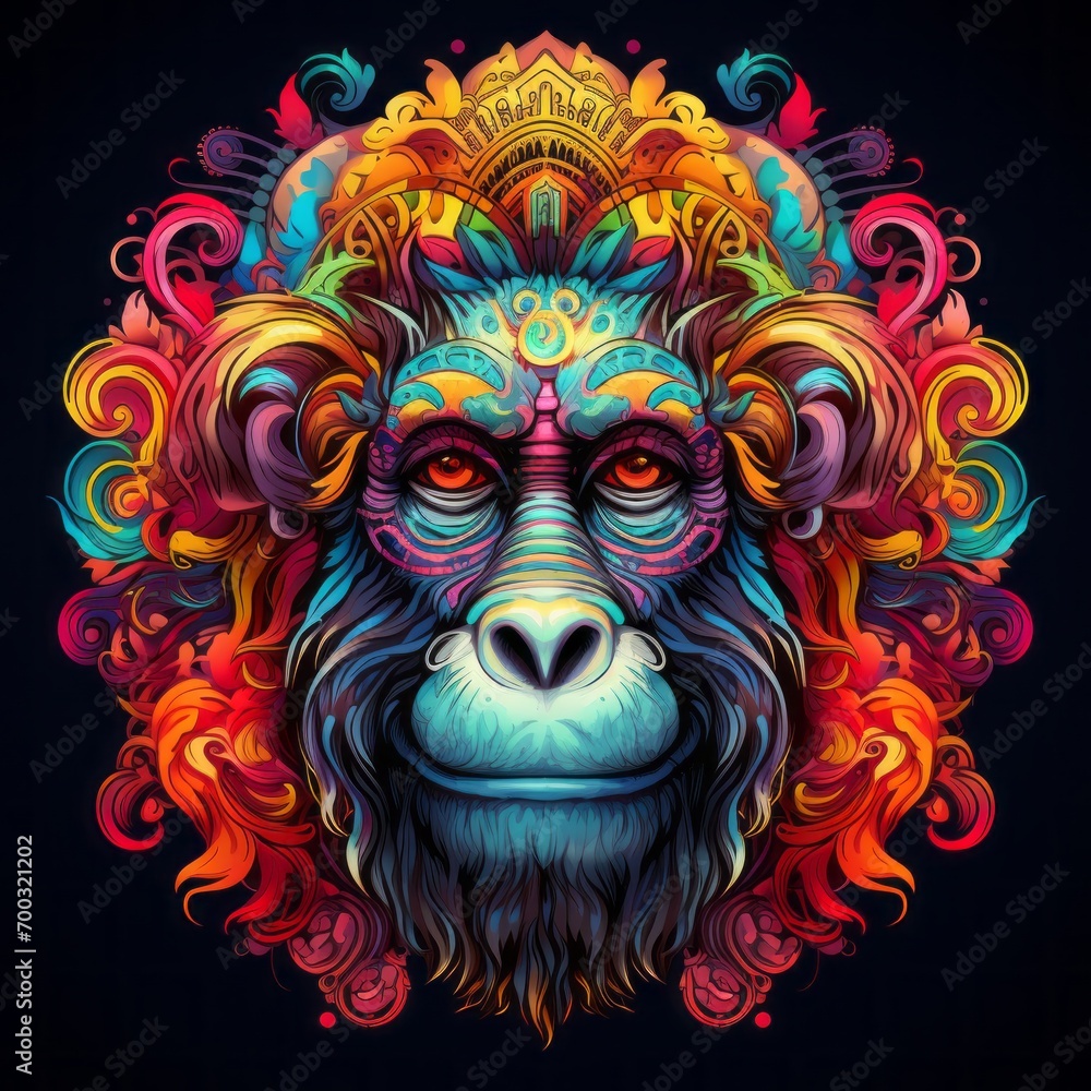 Abstract Colorful Monkey Animal God Mandala Bright Artistic Fantasy Mystique Digital Generated Illustration