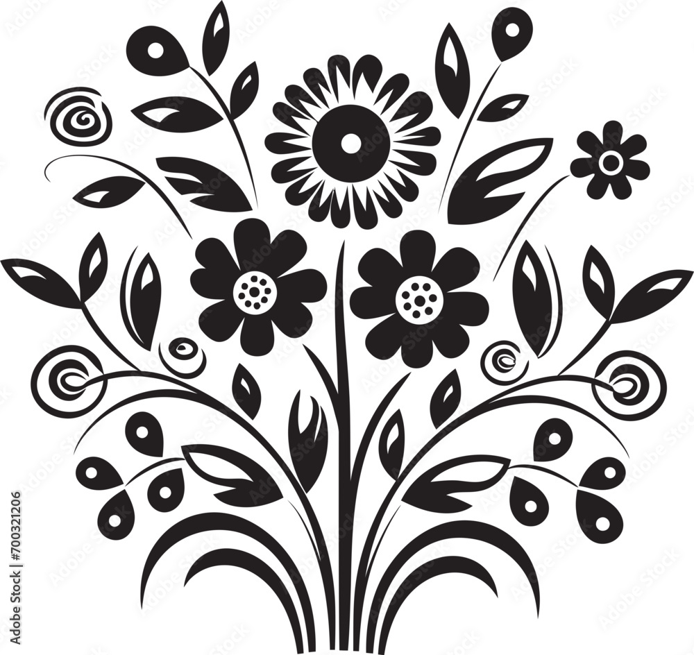 Whimsical Flower Illustration Black Emblem Blossom Doodle Sketch Monochrome Design