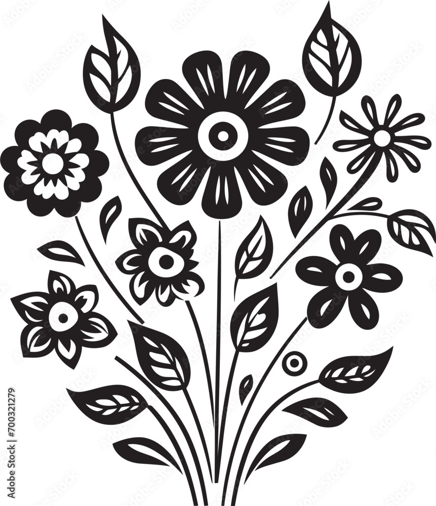 Hand Drawn Doodle Bouquet Black Logo Artistic Flower Sketch Monochrome Icon