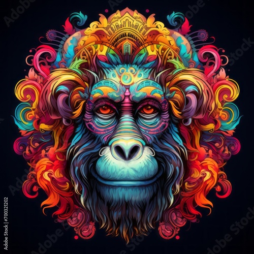 Abstract Colorful Monkey Animal God Mandala Bright Artistic Fantasy Mystique Digital Generated Illustration © Artificial Ambience