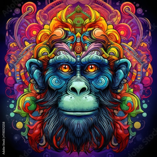 Abstract Colorful Monkey Animal God Mandala Bright Artistic Fantasy Mystique Digital Generated Illustration © Artificial Ambience