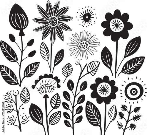 Floral Fantasy Monochrome Bunch Emblem Sketchy Flower Bundle Black Logo Icon