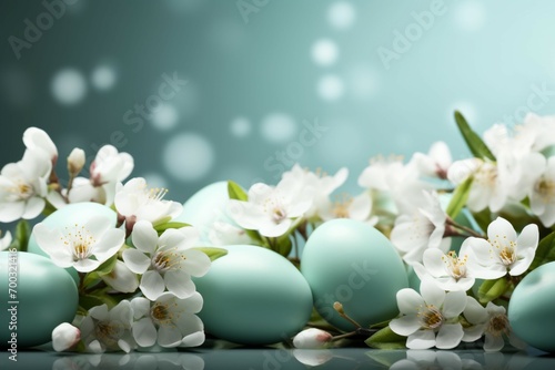 Holiday tranquility Light green Easter backdrop with eggs and flowers
