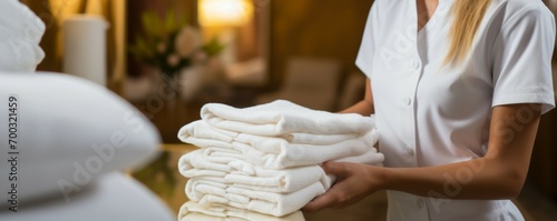 Neat presentation Close up of hotel maid arranging fresh towels photo