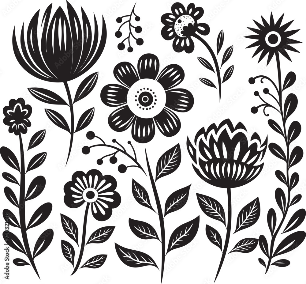 Doodle Blossom Charm Monochrome Logo Flower Sketch Black Vector Emblem