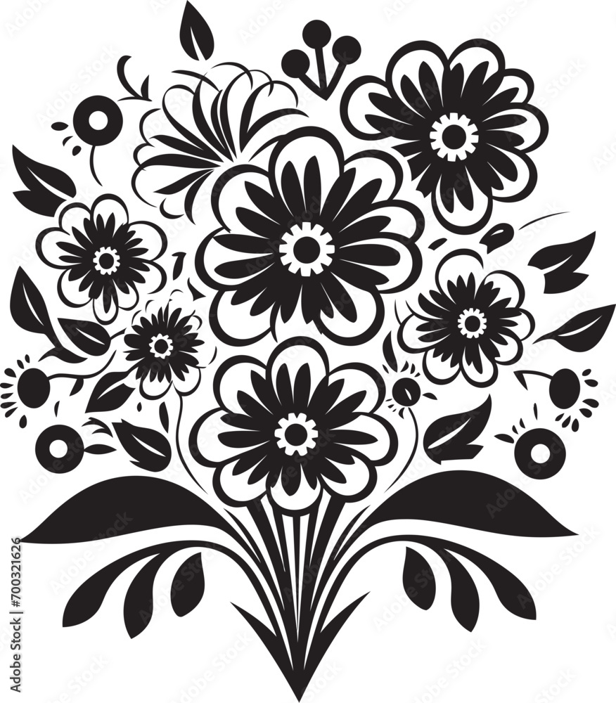 Fototapeta premium Doodle Bloom Monochrome Flower Symbol Scribble Bouquet Black Vector Logo