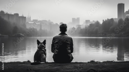  a black and white photo of a man and his dog sitting on the shore of a lake with a city in the background.