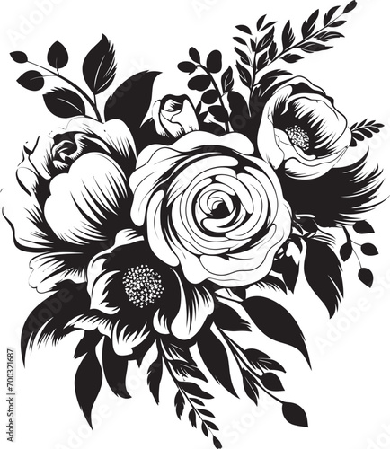 Enchanting Bouquet Art Monochrome Icon Vintage Floral Bouquet Black Emblem