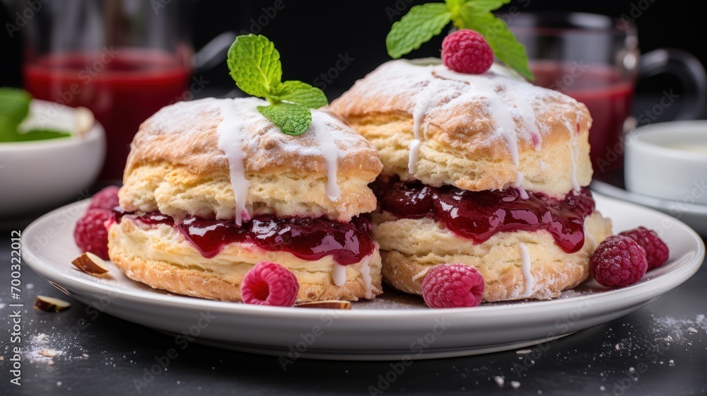 a close up of two pastries on a plate with raspberries and a cup of tea in the background. a close up of two pastries on a plate with raspberries and a cup of tea in the background.
