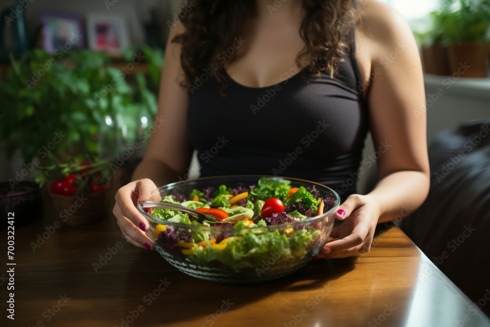 Weight loss journey Overweight woman chooses a healthy homemade salad