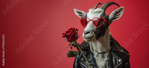 A goat dressed in a leather jacket and bright heart shaped glasses holding a red rose. photo
