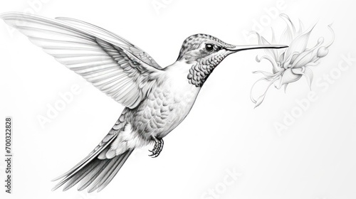  a black and white drawing of a hummingbird flying with a flower in it's beak, with a white background.