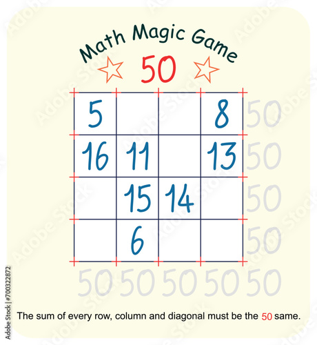 Magic math game. (Magic square)  Recreational mathematics and educational series vector illustration.