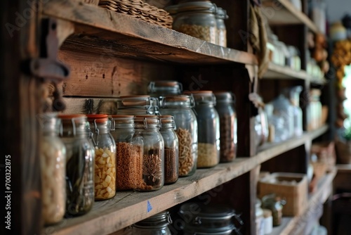 Wooden pantry shelves with glass jars and colorful stuff