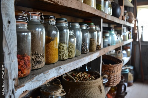 Wooden pantry shelves with glass jars and colorful stuff