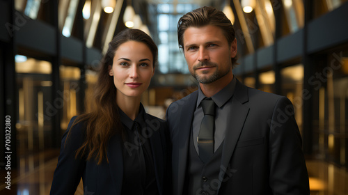 Male and female office worker - business executives - profile shot - low angle camera view - high-end business attire - stylish fashion - confident and assured - competent and ready
